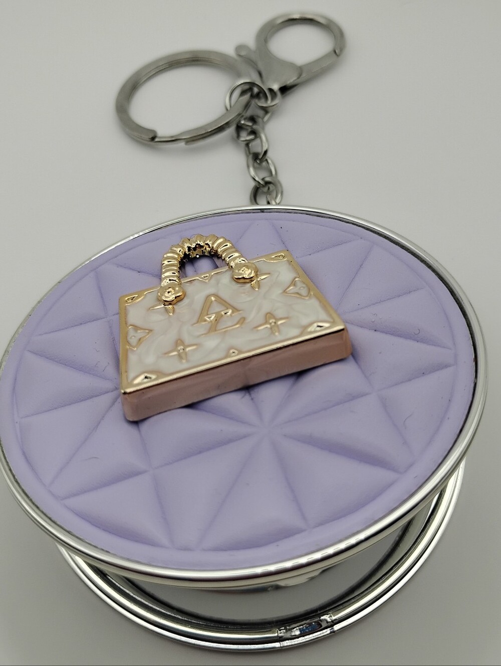 Lilac Compact Mirror Keychain with Gold Bag Charm - Picture 3 of 7